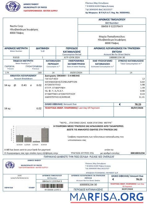 Realistic Cyprus water business utility bill template in Word and PDF formats